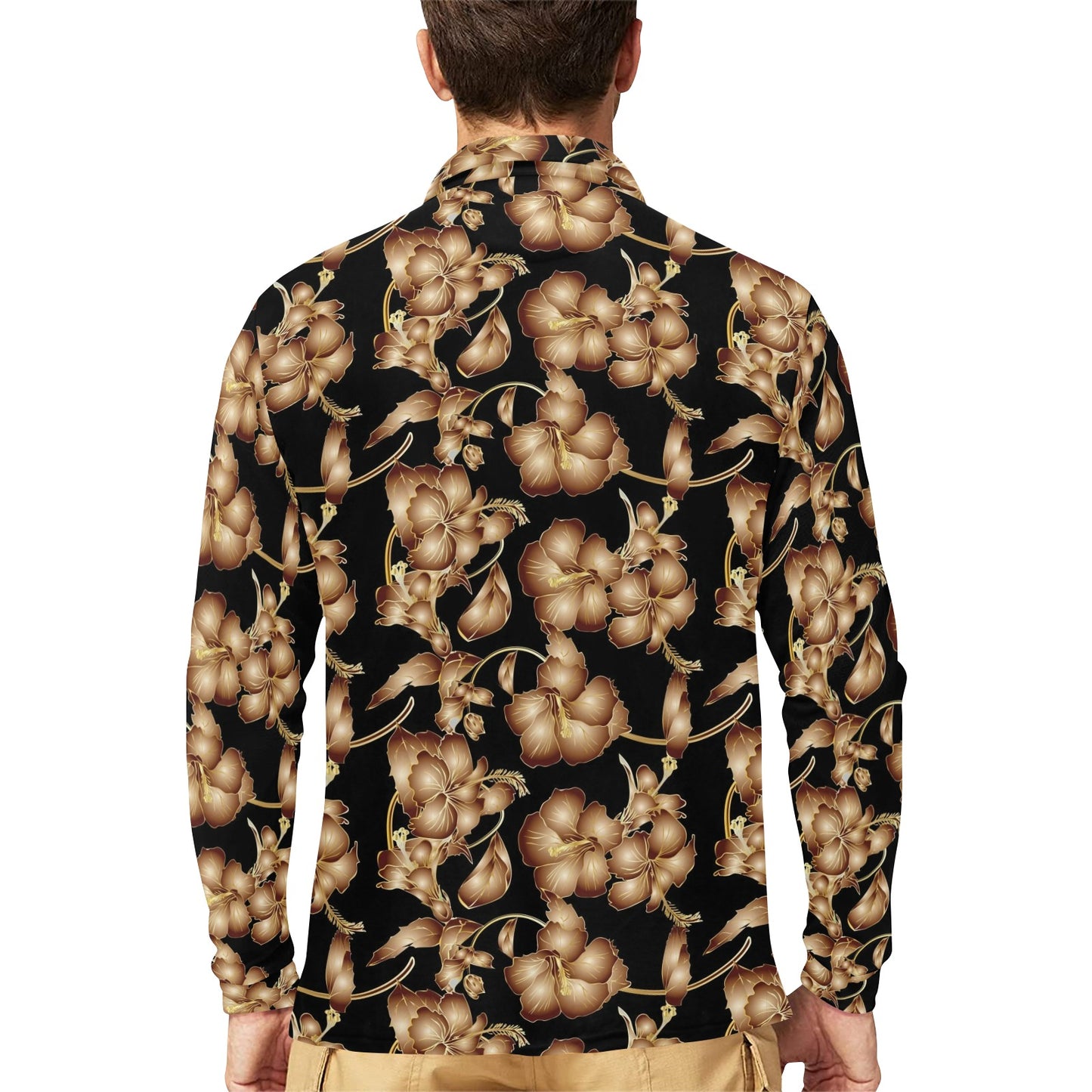 Brown Hibiscus Pattern Print Design HB06 Long Sleeve Polo Shirt For Men's