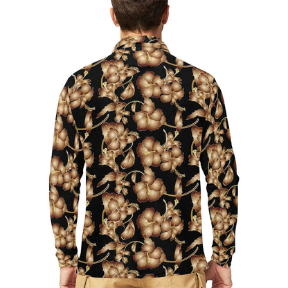Brown Hibiscus Pattern Print Design HB06 Long Sleeve Polo Shirt For Men's