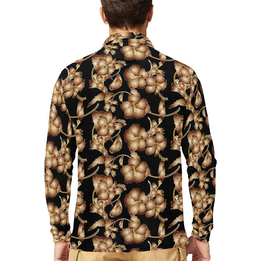 Brown Hibiscus Pattern Print Design HB06 Long Sleeve Polo Shirt For Men's