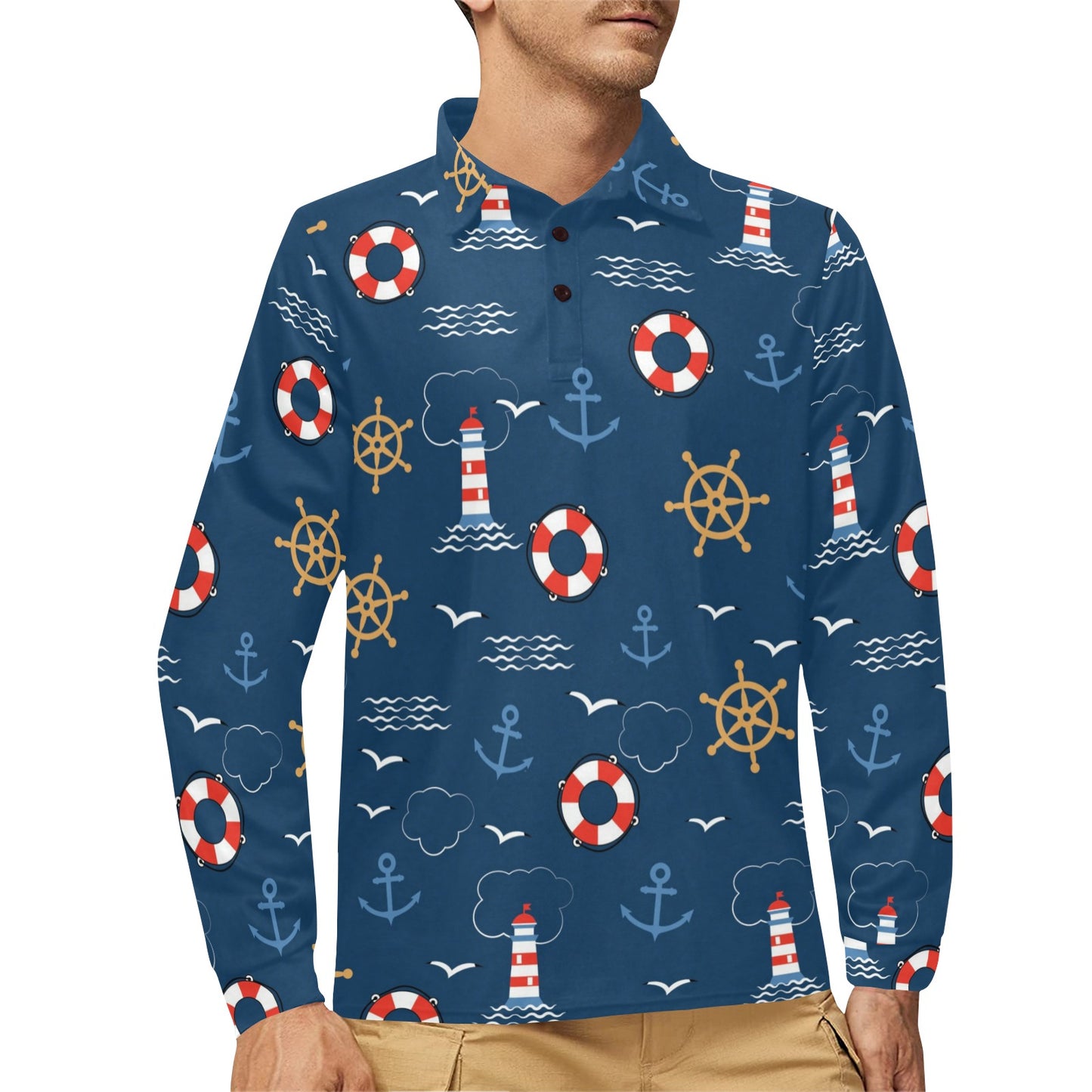 Nautical Pattern Print Design A06 Long Sleeve Polo Shirt For Men's