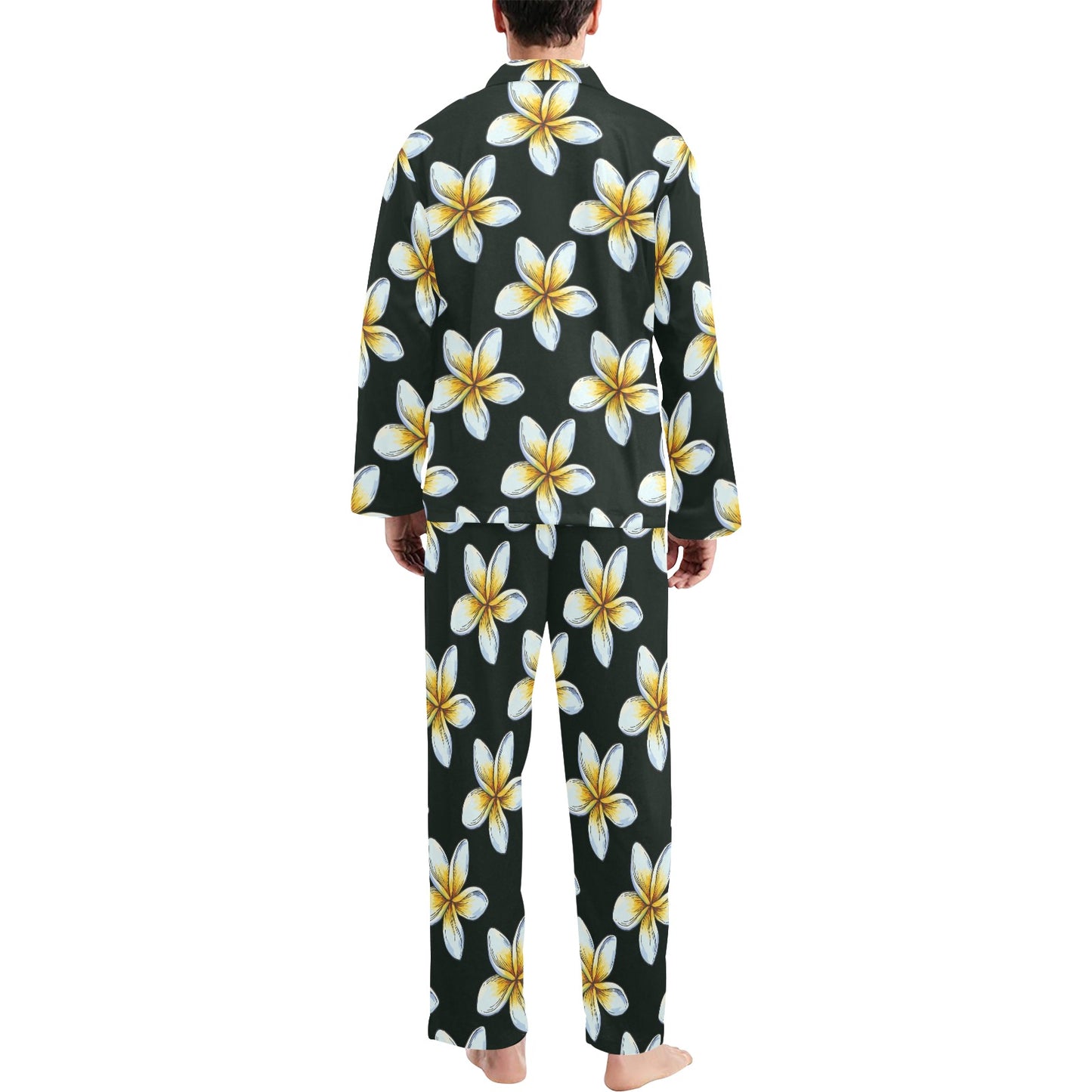 White Plumeria Pattern Print Design PM022 Men's Long Pajama Set
