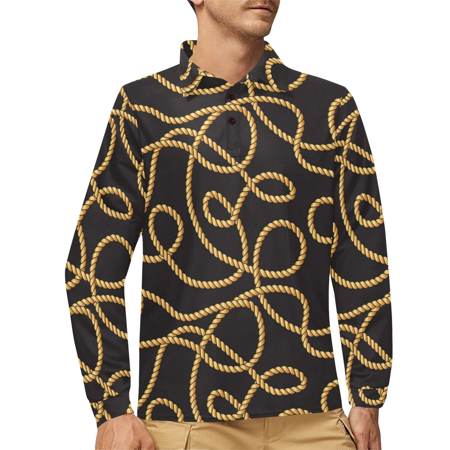 Rope Pattern Print Design A04 Long Sleeve Polo Shirt For Men's