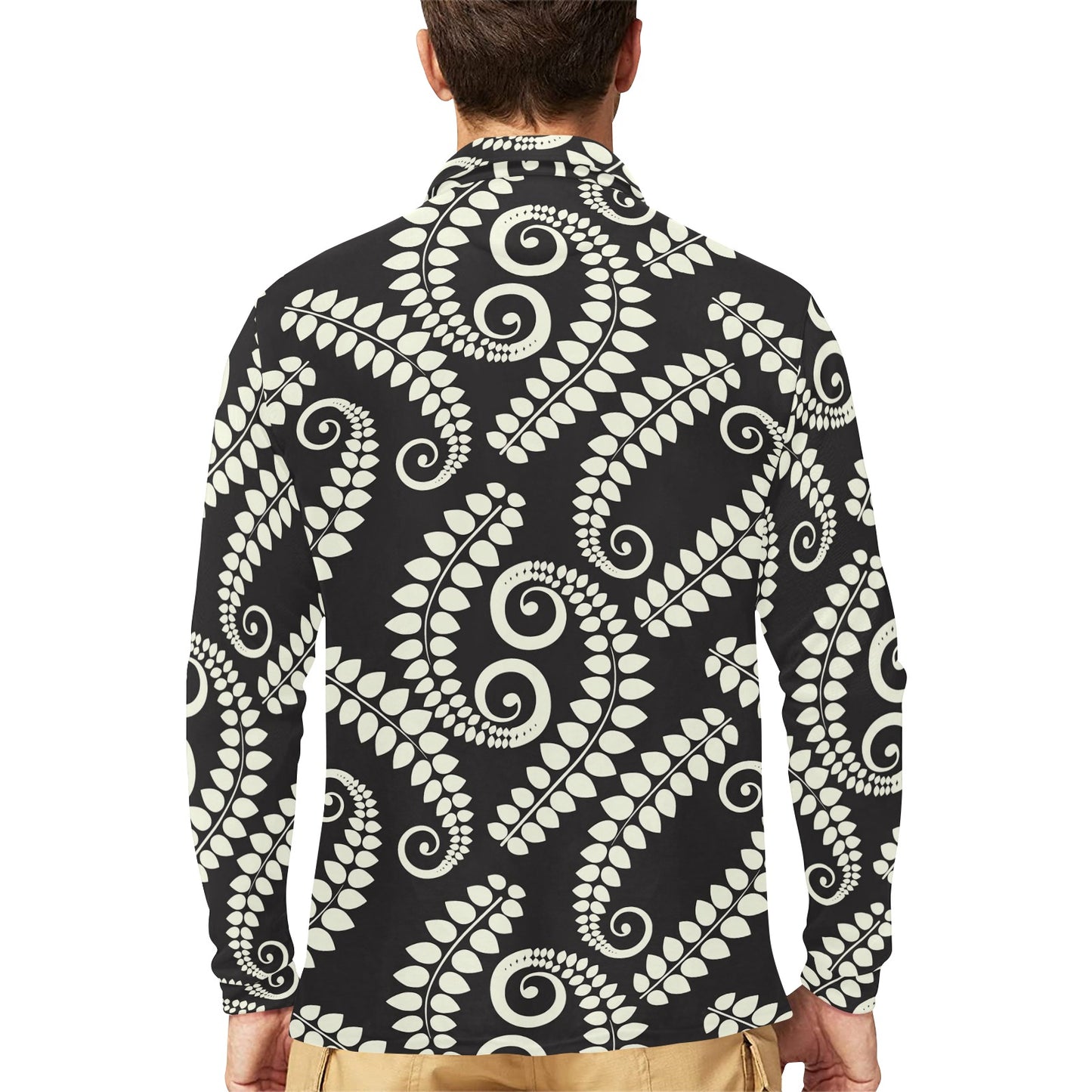 Fern Leave Print Pattern Long Sleeve Polo Shirt For Men's
