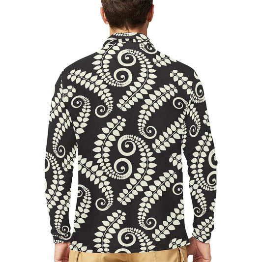 Fern Leave Print Pattern Long Sleeve Polo Shirt For Men's