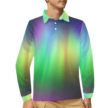 Aurora Borealis Pattern Print Design 03 Long Sleeve Polo Shirt For Men's