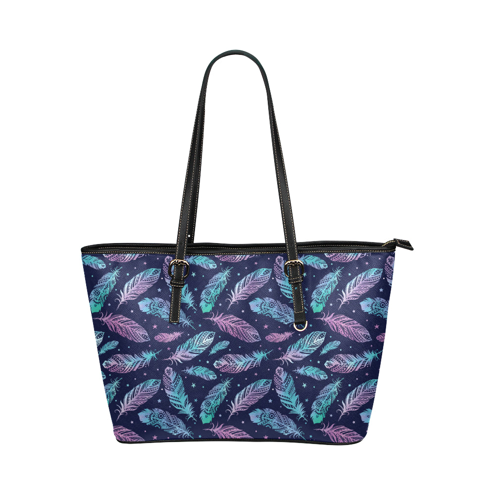 Feather Aztec Design Print Leather Tote Bag