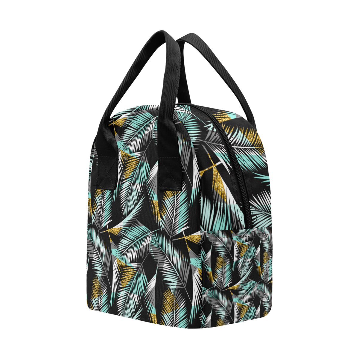 Gold Glitter Cyan Tropical Palm Leaves Insulated Lunch Bag