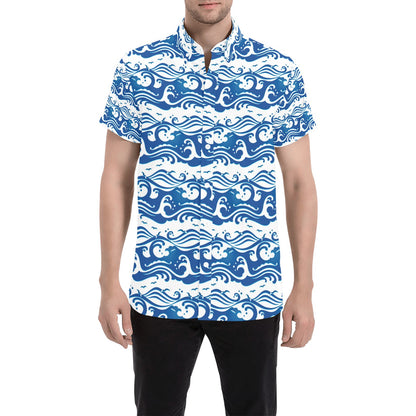 Wave Print Design LKS303 Men Short Sleeve Button Up Shirt