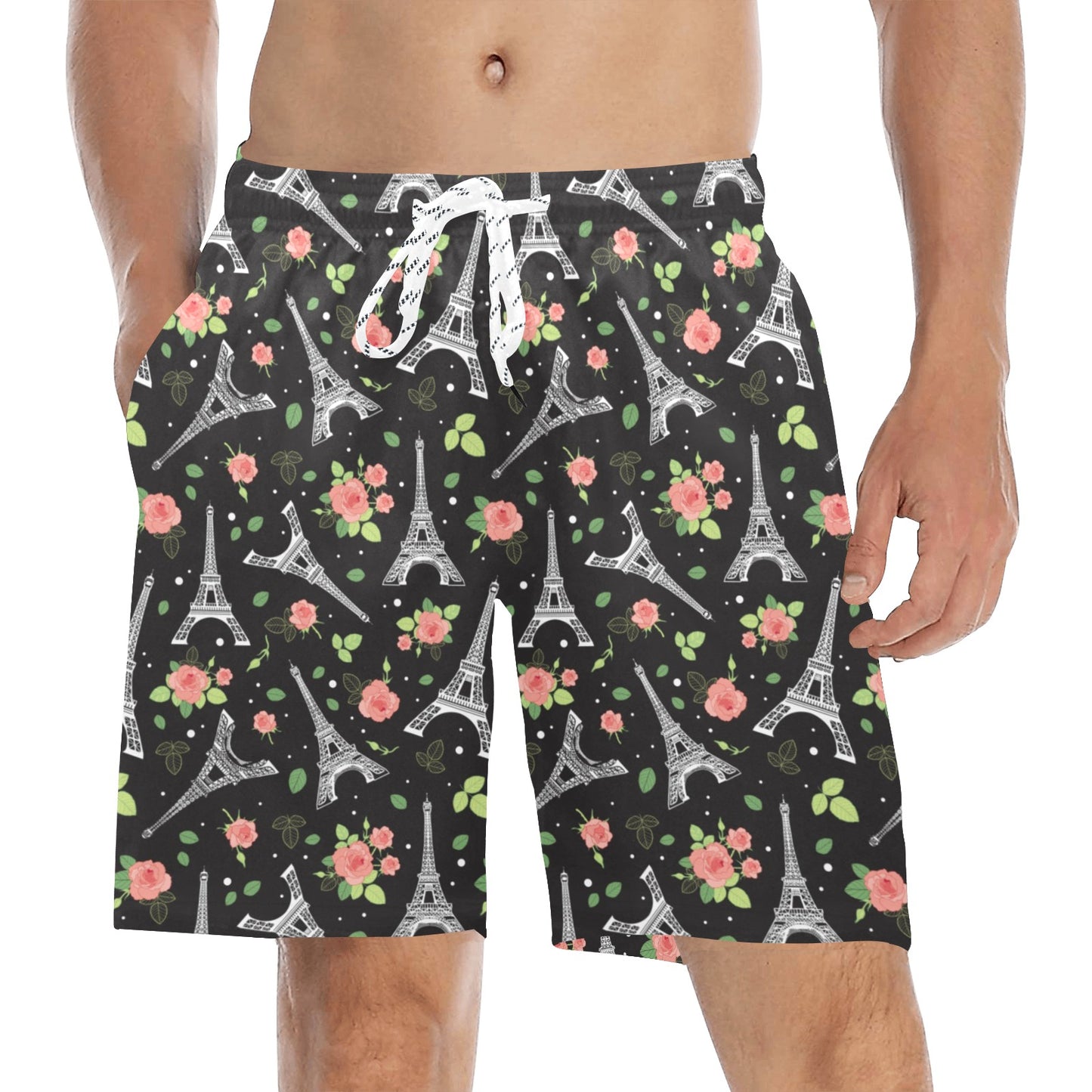 Eiffel Tower Rose Print Men's Swim Trunks Beach Shorts