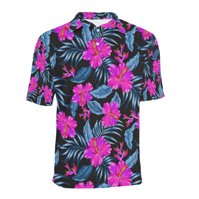 Neon Pink Hibiscus Pattern Print Design HB015 Men Polo Shirt