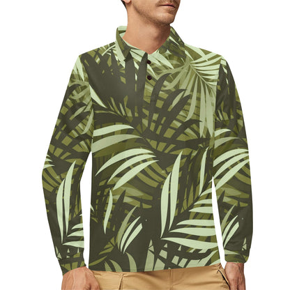 Palm Leaves Pattern Print Design PL05 Long Sleeve Polo Shirt For Men's
