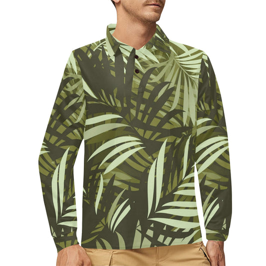 Palm Leaves Pattern Print Design PL05 Long Sleeve Polo Shirt For Men's