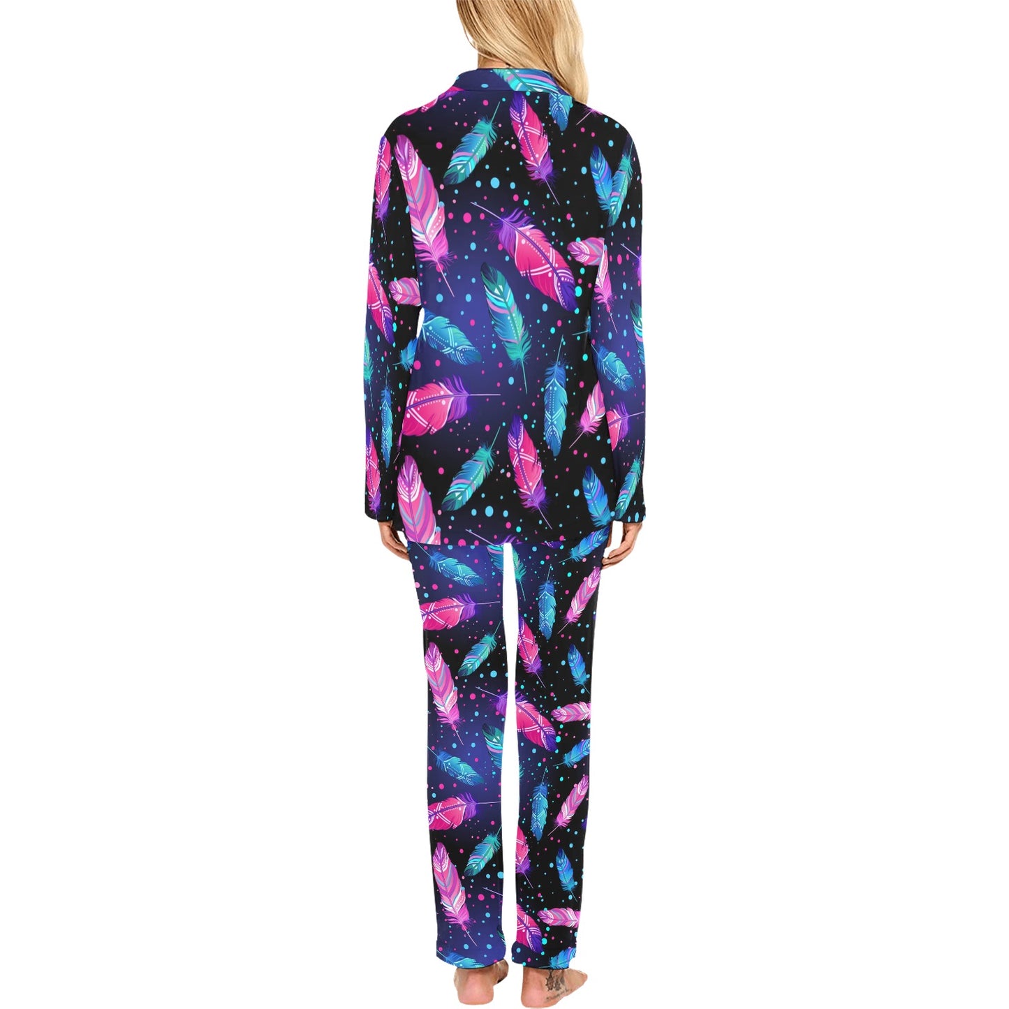 Feather Colorful Boho Design Print Women's Long Pajama Set