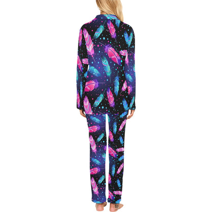 Feather Colorful Boho Design Print Women's Long Pajama Set