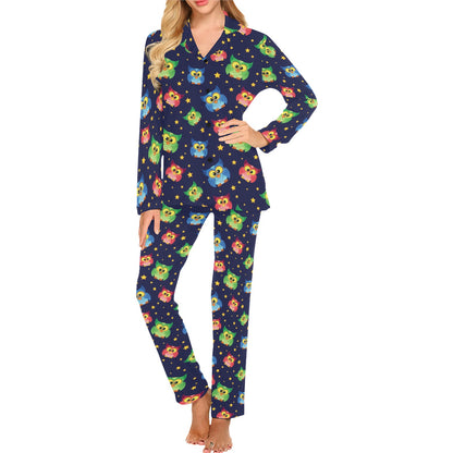 Owl with Star Themed Design Print Women's Long Pajama Set