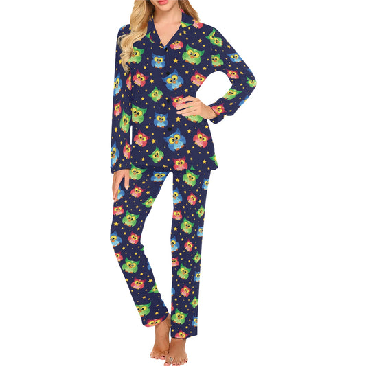 Owl with Star Themed Design Print Women's Long Pajama Set