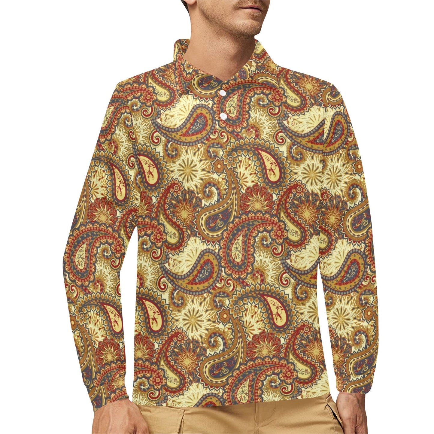 Boho Pattern Print Design 08 Long Sleeve Polo Shirt For Men's