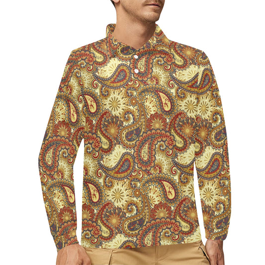 Boho Pattern Print Design 08 Long Sleeve Polo Shirt For Men's