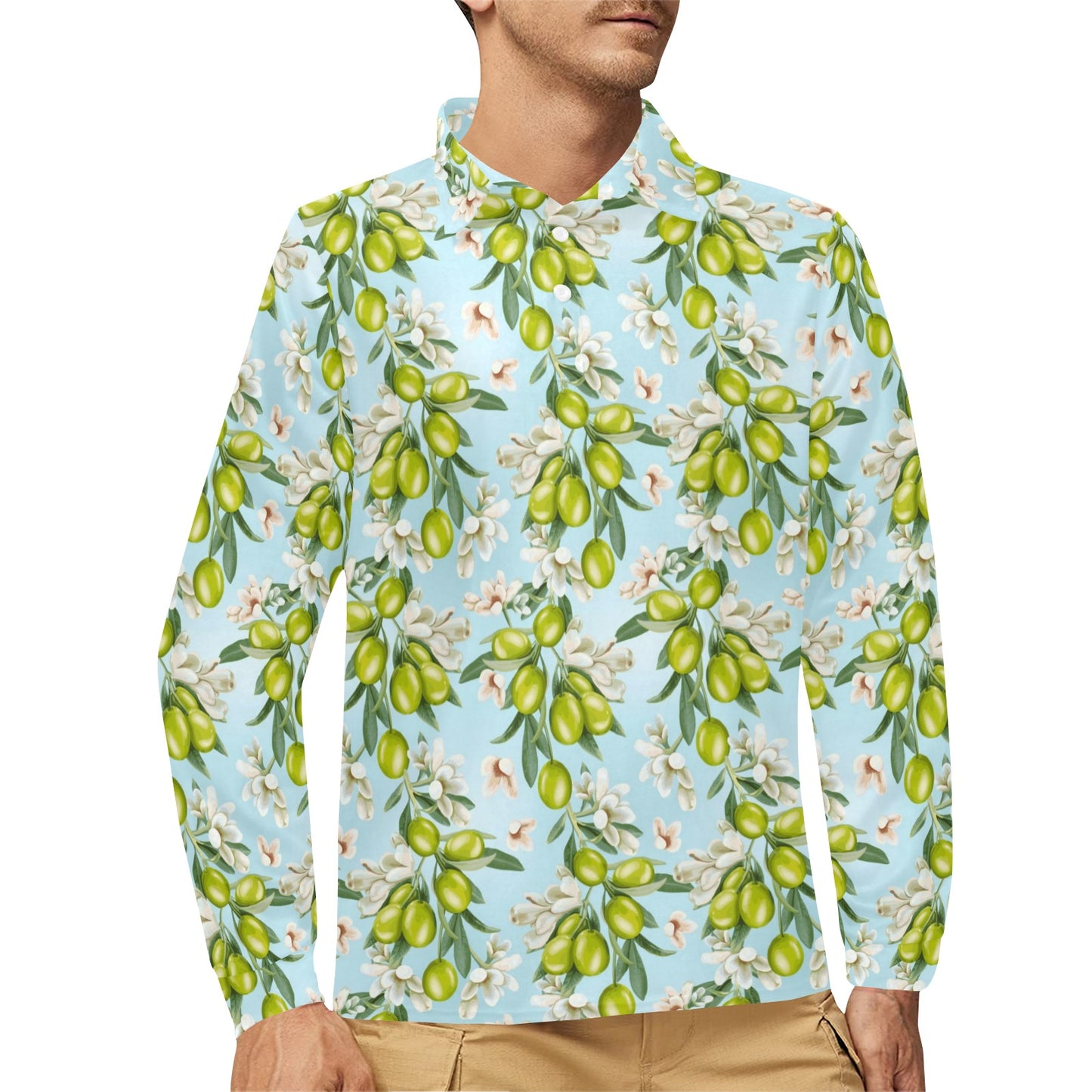 Elegant Olive Floral Print Long Sleeve Polo Shirt For Men's