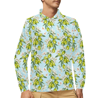 Elegant Olive Floral Print Long Sleeve Polo Shirt For Men's