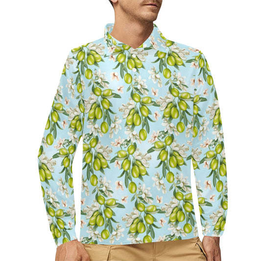 Elegant Olive Floral Print Long Sleeve Polo Shirt For Men's