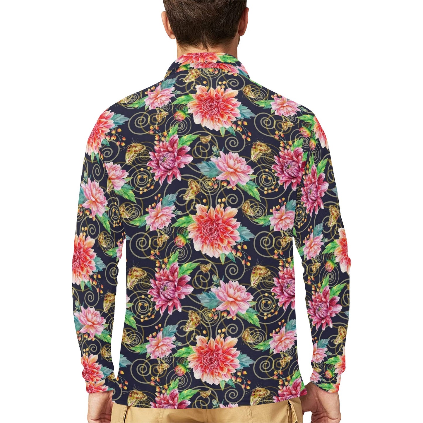 Dahlia Pattern Print Design DH02 Long Sleeve Polo Shirt For Men's