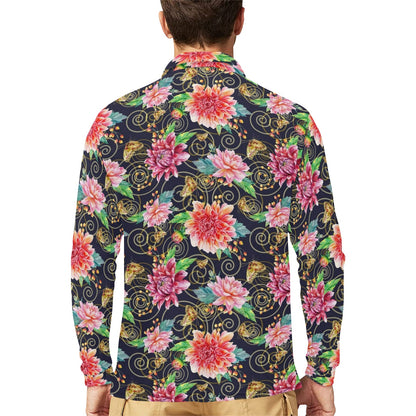 Dahlia Pattern Print Design DH02 Long Sleeve Polo Shirt For Men's
