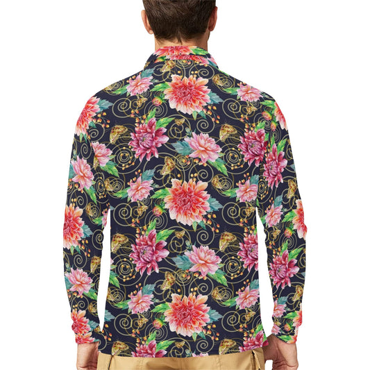 Dahlia Pattern Print Design DH02 Long Sleeve Polo Shirt For Men's
