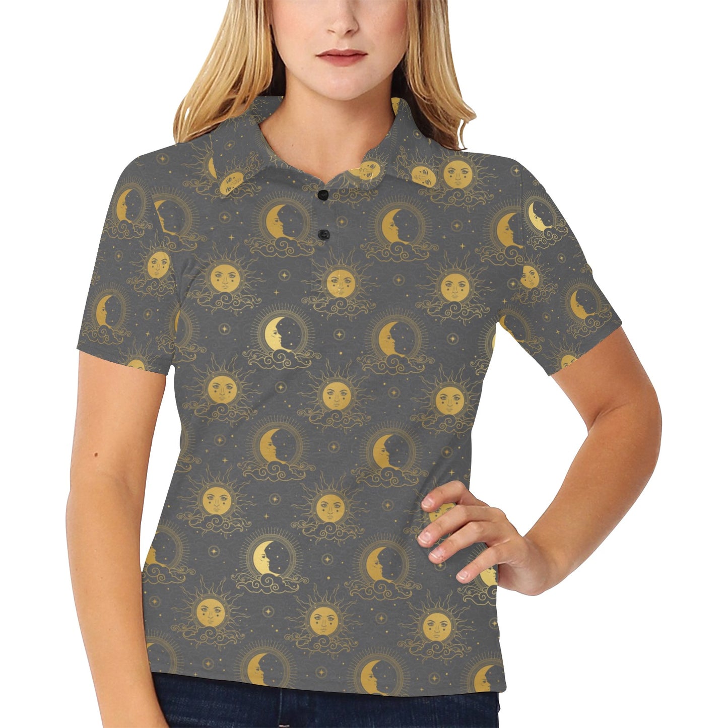 Sun Moon Print Design LKS305 Women's Polo Shirt