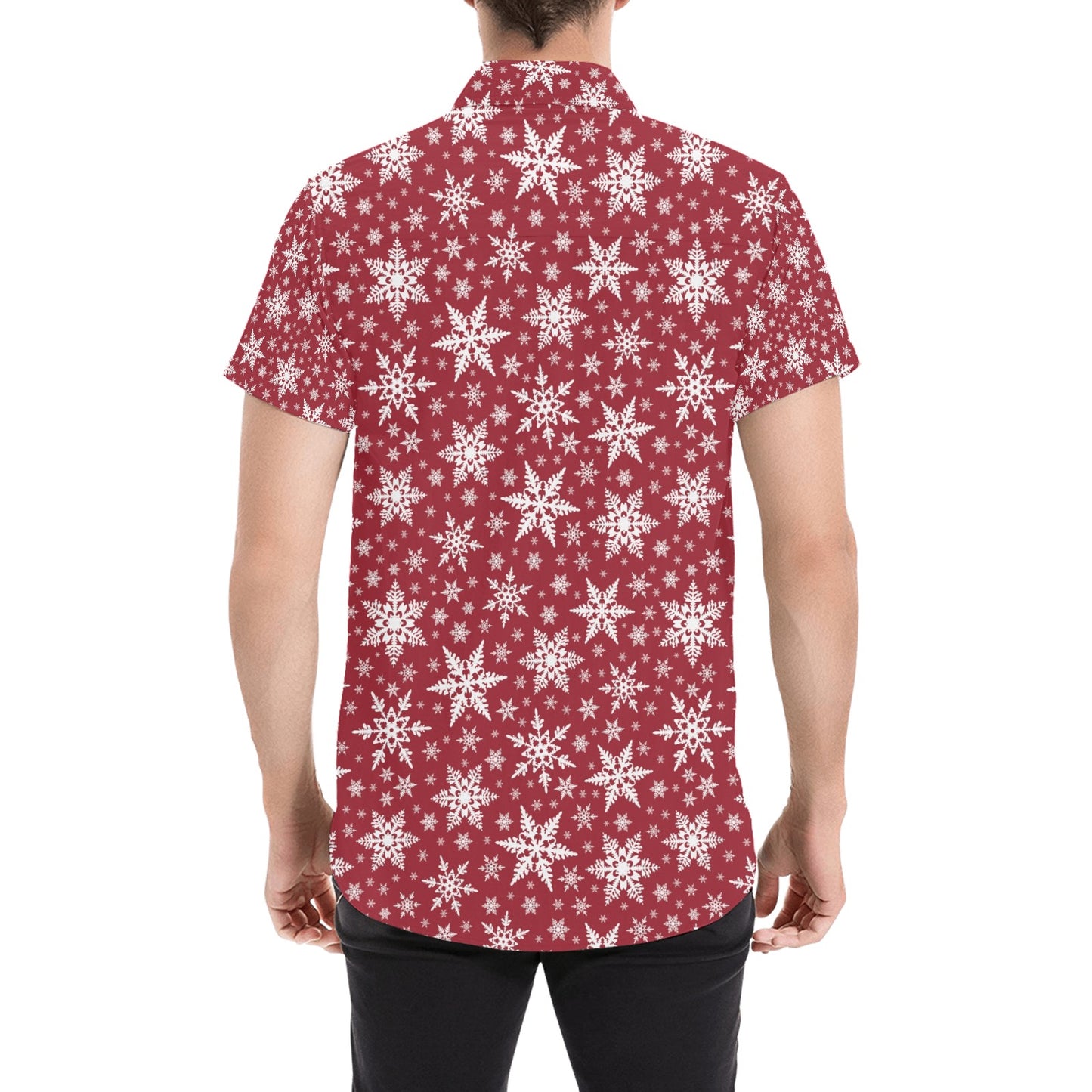 Snowflake Red Print Design LKS302 Men Short Sleeve Button Up Shirt