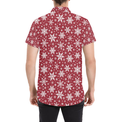 Snowflake Red Print Design LKS302 Men Short Sleeve Button Up Shirt
