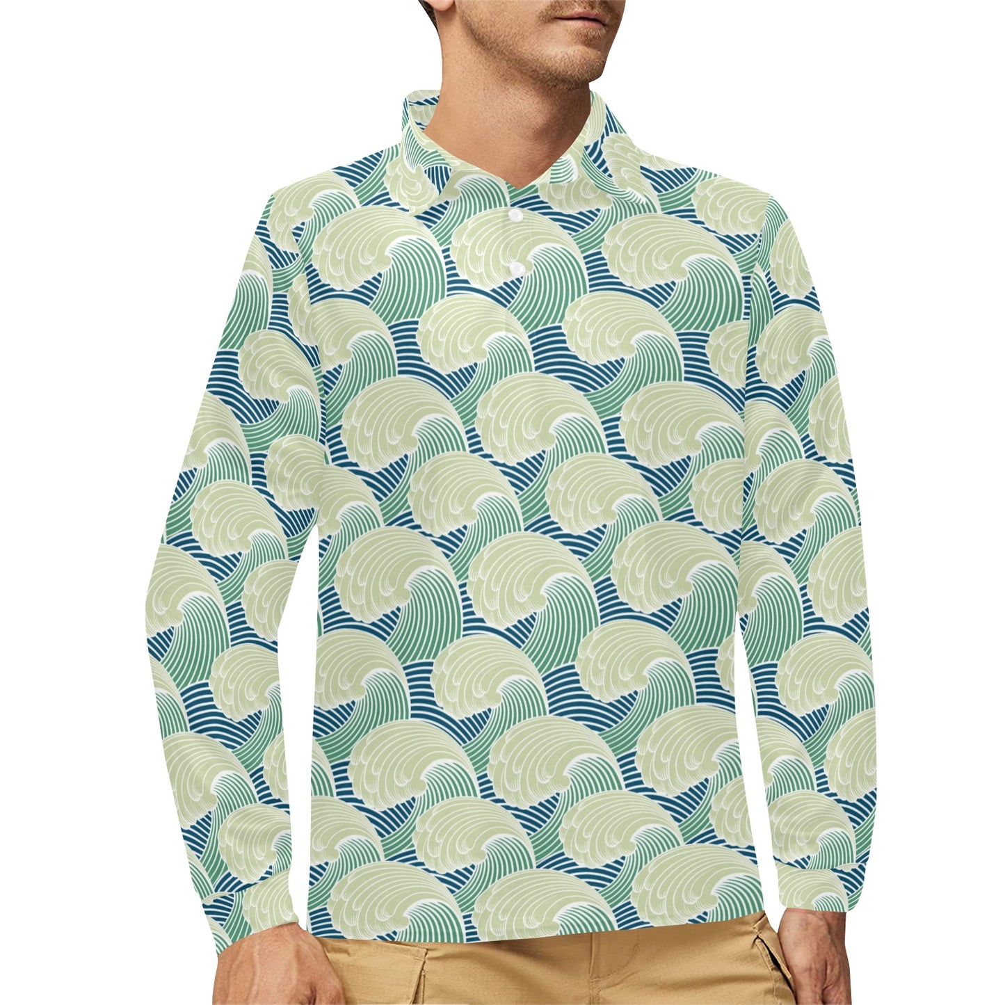 Wave Japan Style Print Design LKS302 Long Sleeve Polo Shirt For Men's