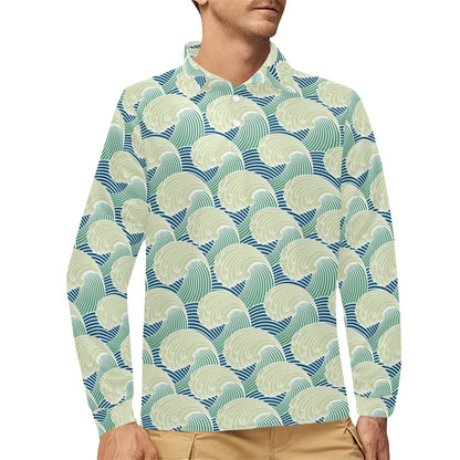 Wave Japan Style Print Design LKS302 Long Sleeve Polo Shirt For Men's