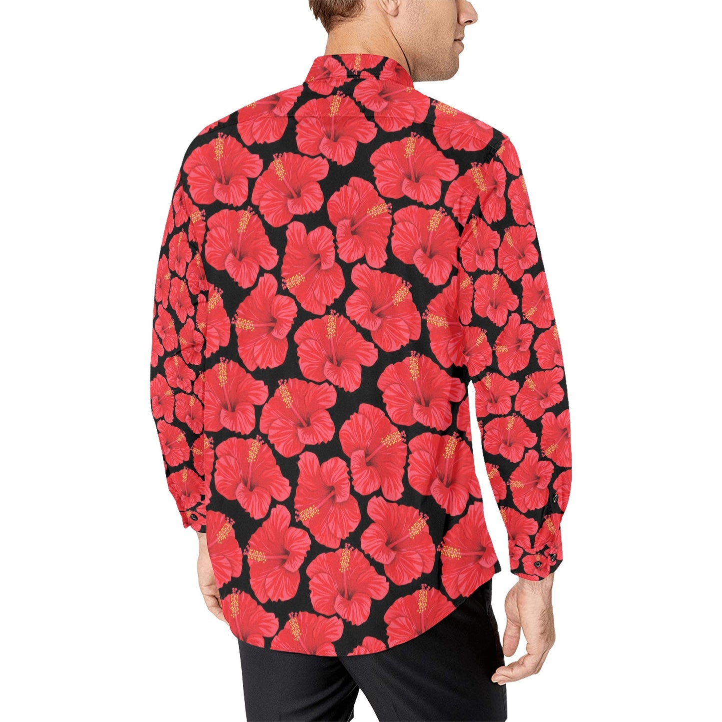 Hibiscus Red Pattern Print Design LKS306 Men's Long Sleeve Dress Shirt