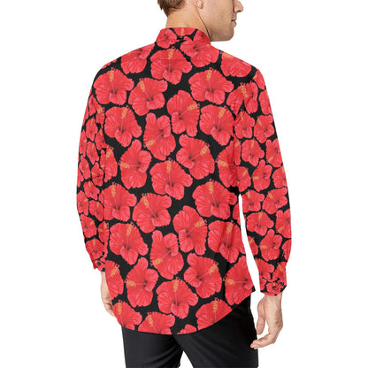 Hibiscus Red Pattern Print Design LKS306 Men's Long Sleeve Dress Shirt