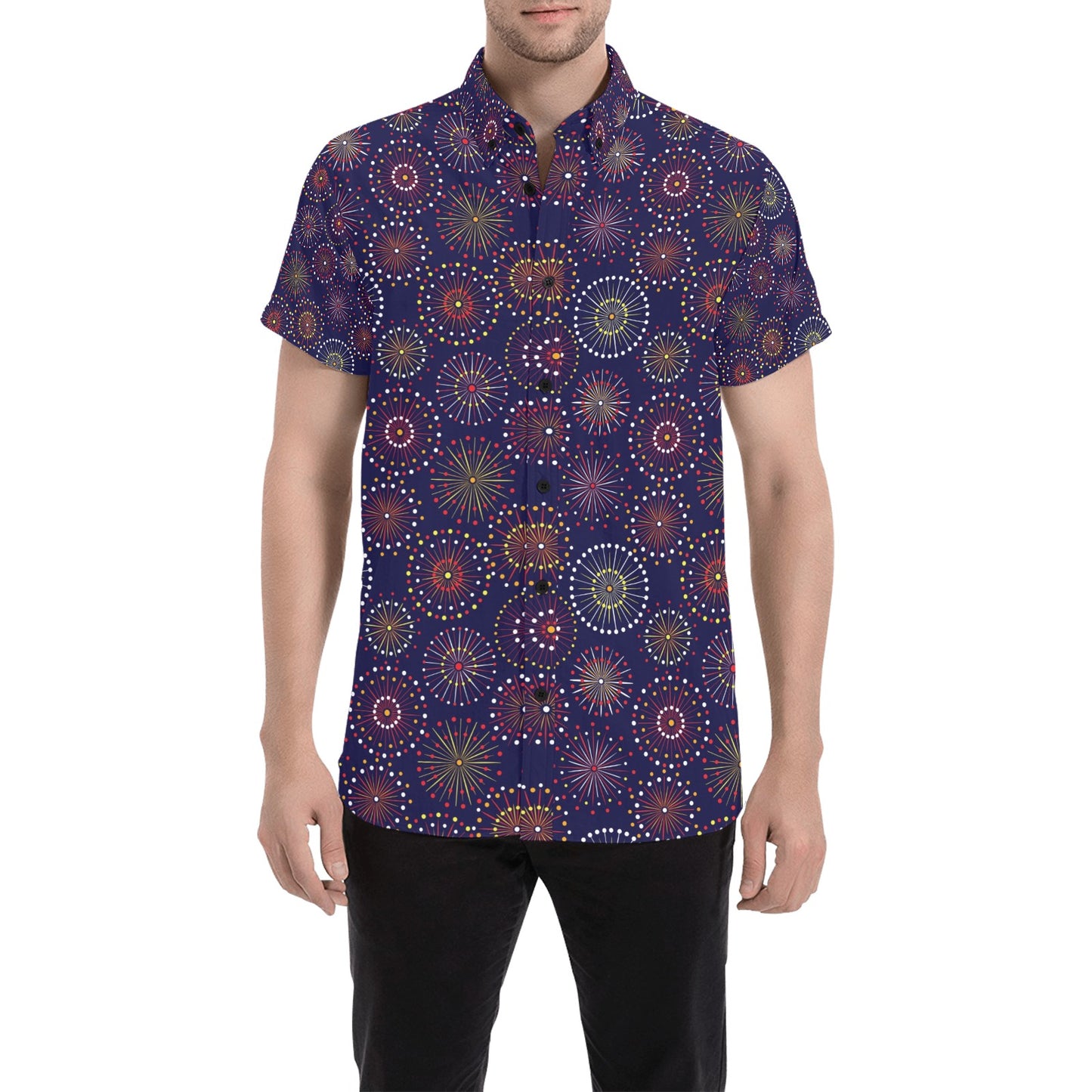 Firework Flower Style Print Design LKS302 Men Short Sleeve Button Up Shirt