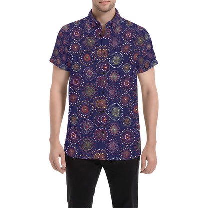 Firework Flower Style Print Design LKS302 Men Short Sleeve Button Up Shirt