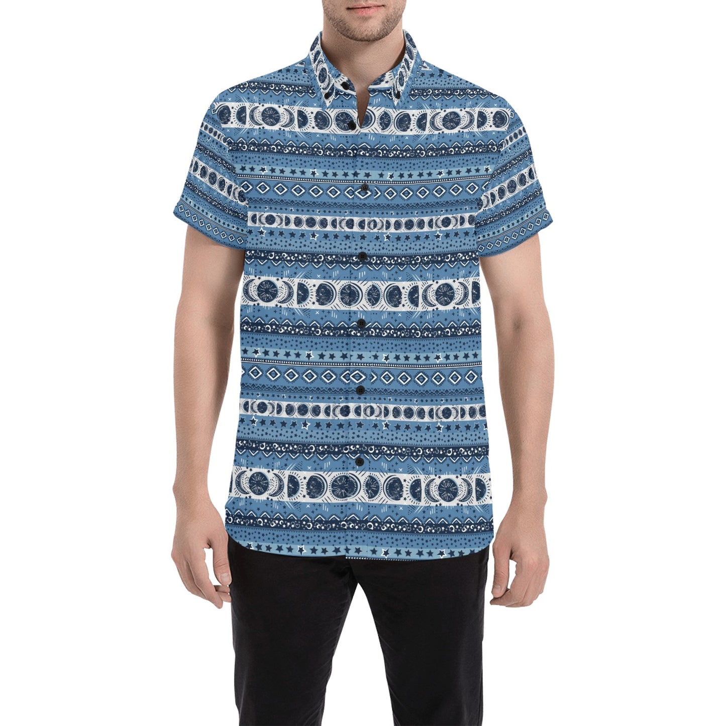 Sun Moon Pattern Print Design LKS306 Men Short Sleeve Button Up Shirt