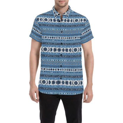 Sun Moon Pattern Print Design LKS306 Men Short Sleeve Button Up Shirt