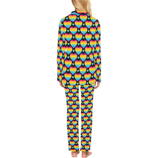 Rainbow Heart Print Pattern Women's Long Pajama Set