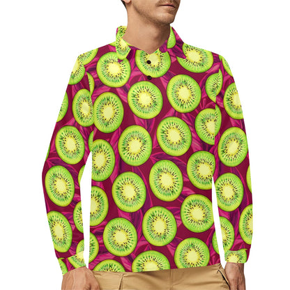 Kiwi Pattern Print Design KW05 Long Sleeve Polo Shirt For Men's