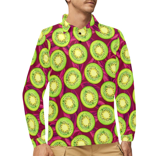 Kiwi Pattern Print Design KW05 Long Sleeve Polo Shirt For Men's
