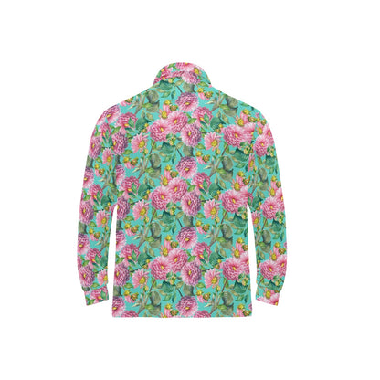 Dahlia Pattern Print Design DH07 Long Sleeve Polo Shirt For Men's