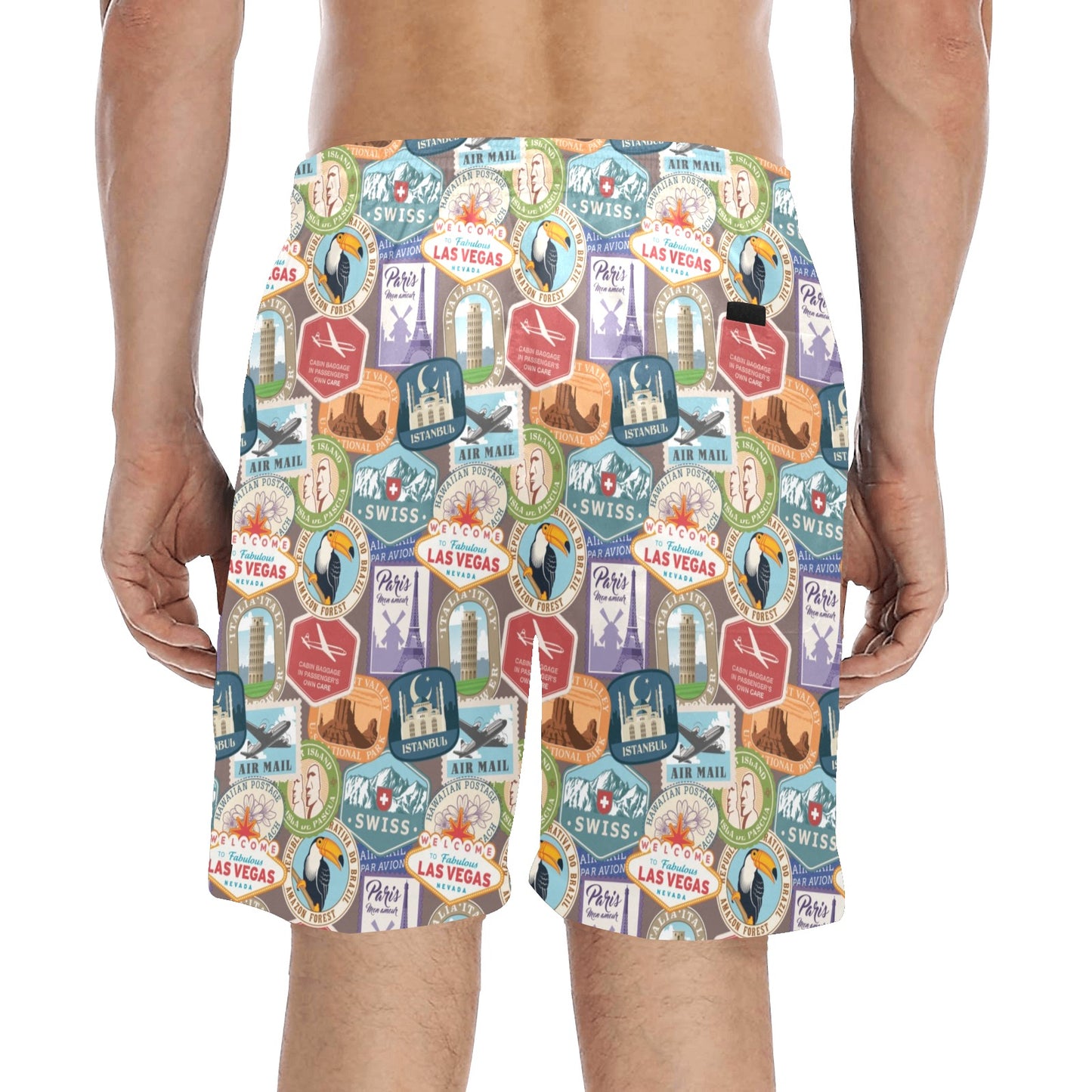 Travel Stamp Print Design LKS301 Men's Swim Trunks Beach Shorts