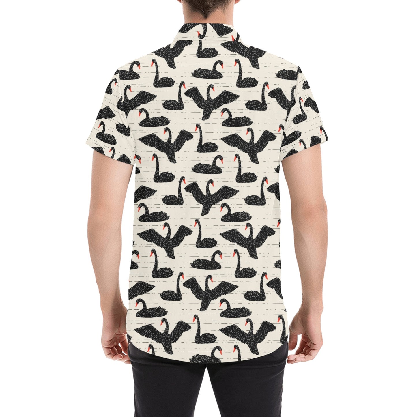 Swan Print Design LKS402 Men Short Sleeve Button Up Shirt