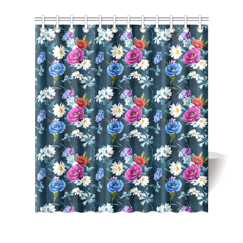 Floral Blue Themed Print Shower Curtain