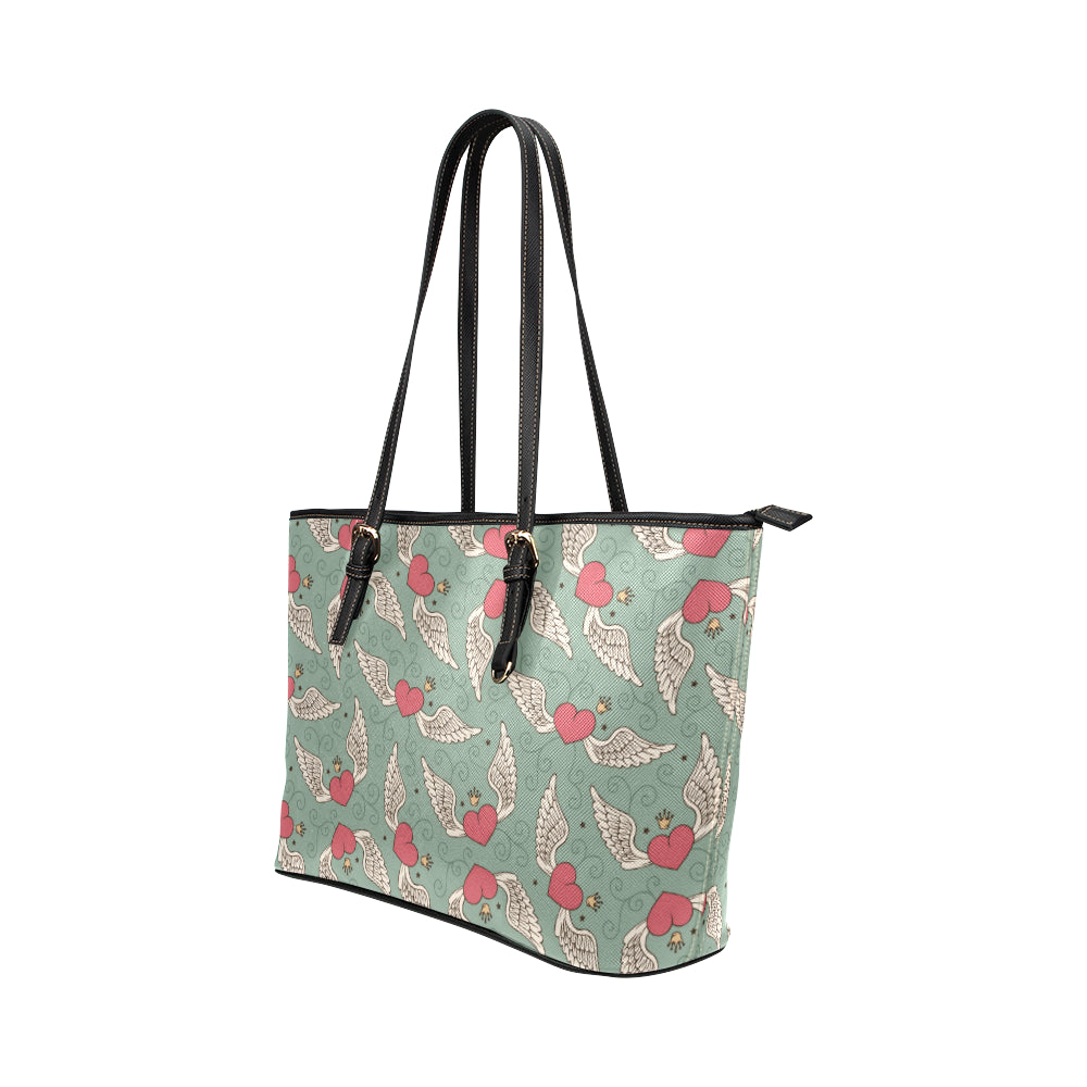 Angel Wings Heart Design Themed Print Leather Tote Bag