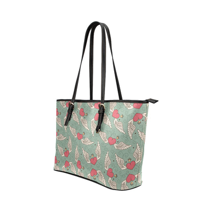 Angel Wings Heart Design Themed Print Leather Tote Bag