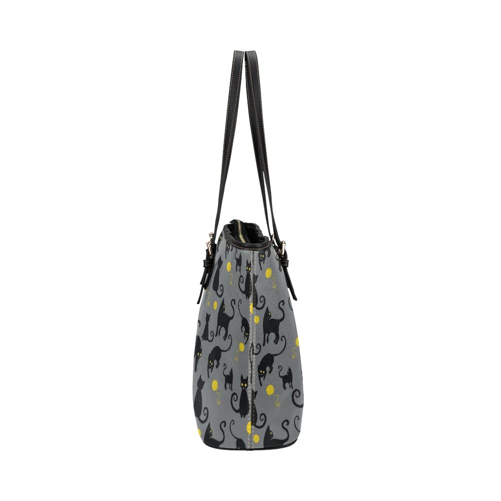Black Cat Yellow Yarn Print Pattern Leather Tote Bag