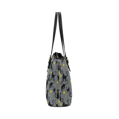 Black Cat Yellow Yarn Print Pattern Leather Tote Bag